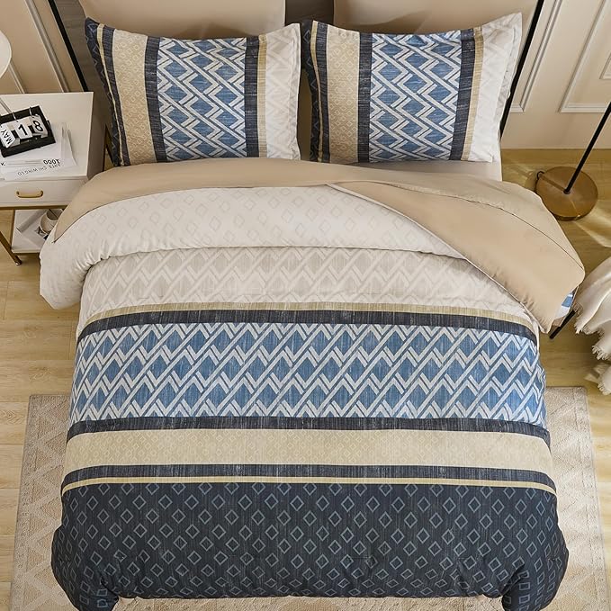 Cottolester Boho Comforter Set Queen Size,Grey Blue Striped Bed in a Bag,Plaid Comforter and Sheet Set,Soft Microfiber Complete Bedding Sets