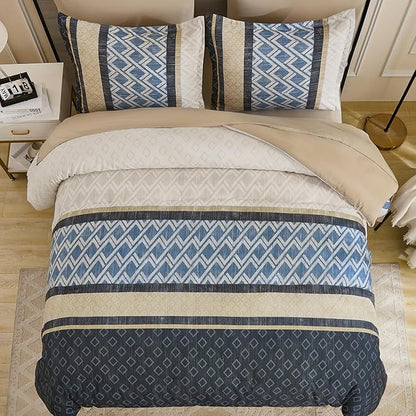 Cottolester Boho Comforter Set Queen Size,Grey Blue Striped Bed in a Bag,Plaid Comforter and Sheet Set,Soft Microfiber Complete Bedding Sets