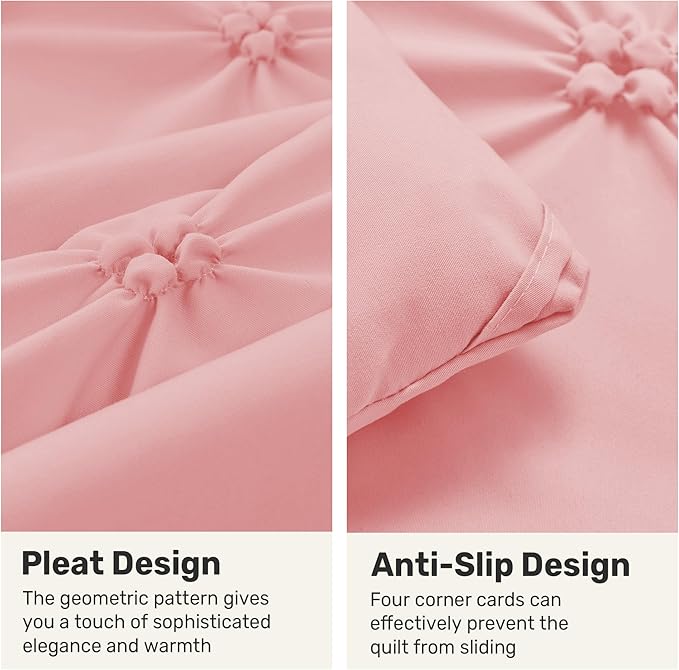 UNIKOME King Size Comforter Set Pink - Ultra Soft Boho Pintuck Down Alternative Bedding Set for All Seasons, 3 Pieces Lightweight Warm Pinch Pleat Bed Set with Comforter, 2 Pillowcases