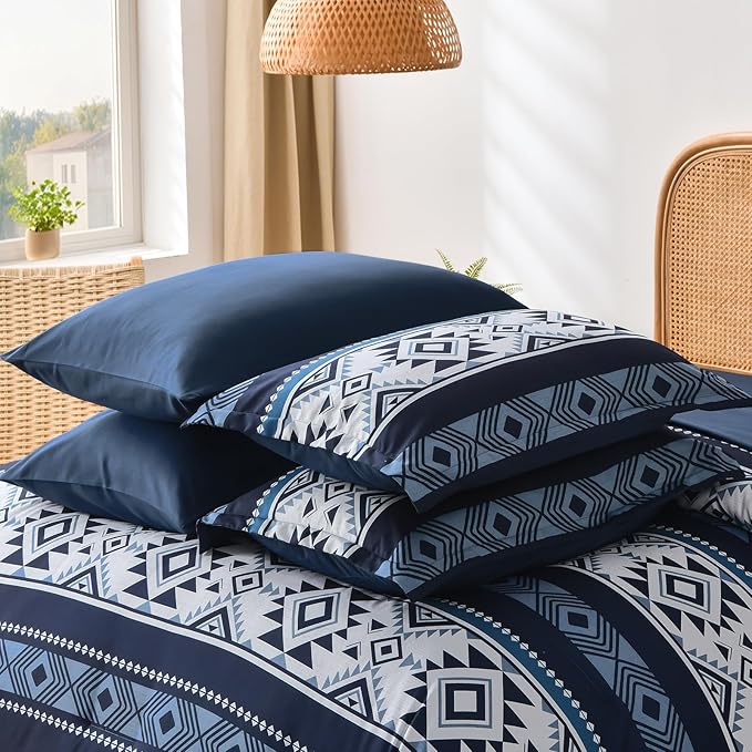 Anibedding King Size Comforter Set Navy Blue,7 Pieces Boho Bed in a Bag Aztec Western Bedding Set, Soft Microfiber Bed Comforter Set for All Season