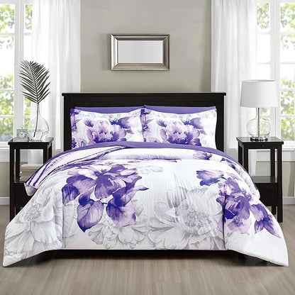 Sunshine Nicole Soft Brushed Microfiber Comforter Set, 7 Pieces King, with Light Weight Soft Poly Fill, Printed Dark Purple Big Florals Face with Print Reverse