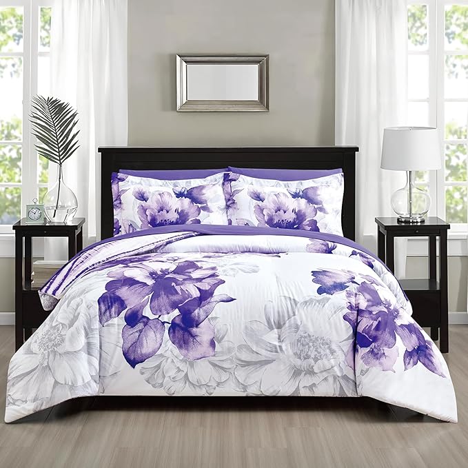 Sunshine Nicole Soft Brushed Microfiber Comforter Set, 7 Pieces Queen, with Light Weight Soft Poly Fill, Printed Dark Purple Big Florals Face with Print Reverse