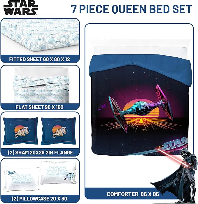 Jay Franco Kids Comforter Set Includes Sheets and Pillow Covers - Soft and Cozy Bed Set for Stylish Room Decor, Blue - Star Wars 02, 7 Piece Queen Size Bedding