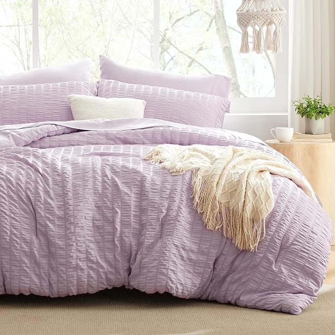 Love's cabin Seersucker Lavender King Size Comforter Set, 7-Piece All Season Lightweight Bed in a Bag Bedding Set with Comforter, Flat Sheet, Fitted Sheet, Pillowcases and Shams | Soft, Breathable, Lightweight