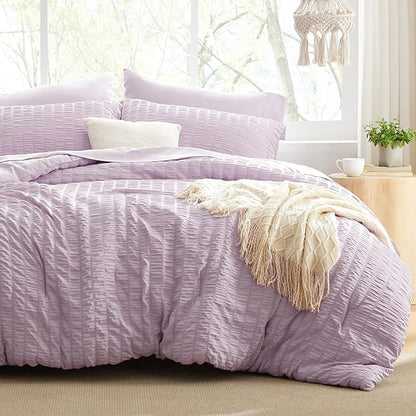 Love's cabin Seersucker Lavender Queen Comforter Set, 7-Piece All Season Lightweight Bed in a Bag Bedding Set with Comforter, Flat Sheet, Fitted Sheet, Pillowcases and Shams | Soft, Breathable, Lightweight