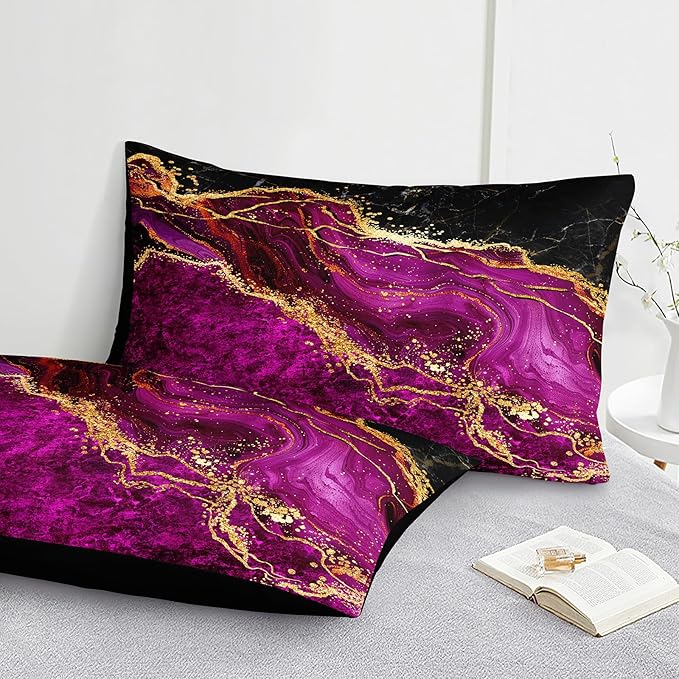 Black Gold Comforter Set 8 Pcs Hot Pink Marble Bedding Set Queen Size Bed in A Bag Purple and Black Marble Stone Texture Abstract Room Decor Black Marble Bed Comforter