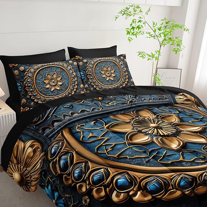 7 Piece Bed in A Bag Black and Gold Mandala Comforter Set Queen Size，Mandala Bedding Set Queen，(1 Comforter, 1 Flat Sheet, 1 Fitted Sheet, 2 Pillowcase and 2 Pillow Sham)