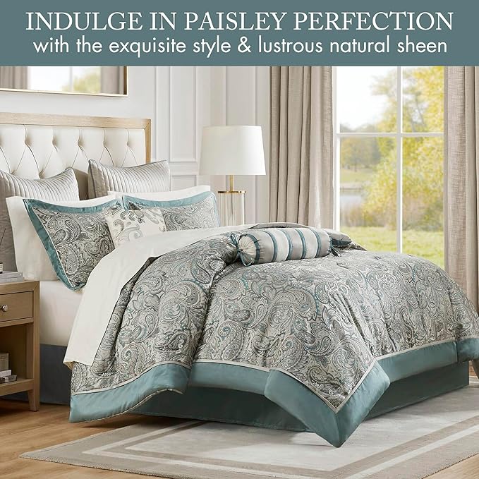 Madison Park Aubrey Cozy 12 Piece Comforter Set & Sheet, Luxe Faux Silk Jacquard Paisley Design - All Season Down Alternative Bedding with Cotton Bed Sheets, Bedskirt, Toss Pillows, King Teal