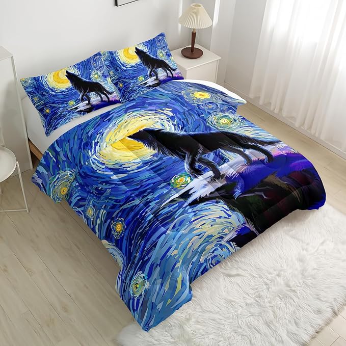 Moon Wolf Comforter Set Moonnight Wolf Bedding Set Full Size Soft Microfiber All Season(1 Comforter & 2 Pillowcases)