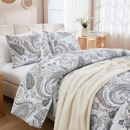 Grey Blue Paisley Comforter Set Queen Size 3 Pieces 100% Cotton Boho Paisley Pattern Bedding Set All Season Soft Cotton Lightweight Reversible Comforter