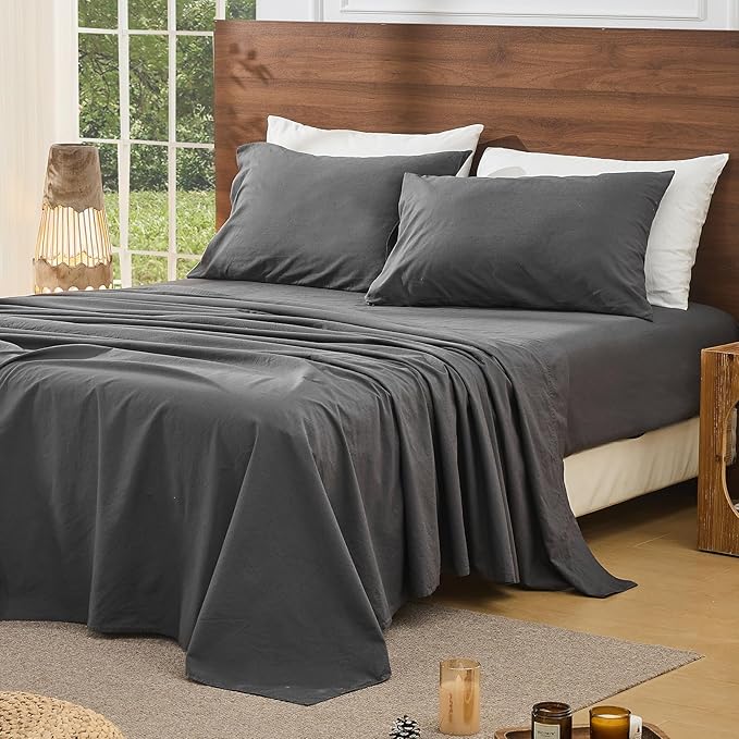 Bedlifes 100% French Pure Linen Sheets California King Size Breathable and Cooling Flax Sheet Set Soft Durable and Moisture Wicking 16 Inch Deep Pocket-4 Piece(Cal King,Dark Grey)