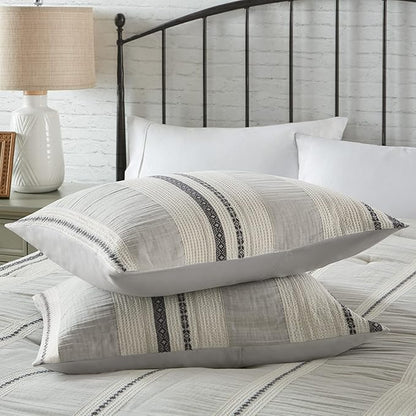 Hyde Lane Neutral Farmhouse Bedding Set, 3 Pieces Full/Queen Size Grey Comforter Sets, Cotton Top with Modern Rustic Style Stripes Including 1 Comforter 2 Pillowcases