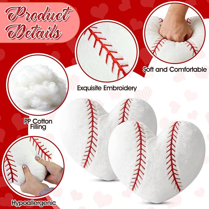 2Pcs Baseball Throw Pillow, 11 in Soft Embroidered Fluffy Baseball Pillow, Stuffed Plush Heart Shape Baseball Pillow for Bedrooom Couch Bed Decoration, Gift for Baseball Lover Player Team