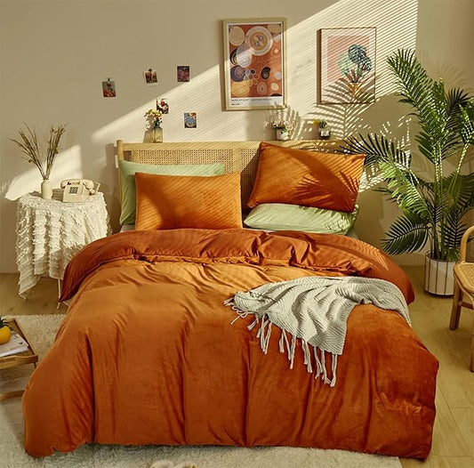 KAREVER Burnt Orange Color Velvet Comforter Set Full Solid Rust Color Flannel Velvet Bedding Comforter Set All Caramel Colour 3 PCs Shaggy Soft Warm and Durable Flannel Blanket Full