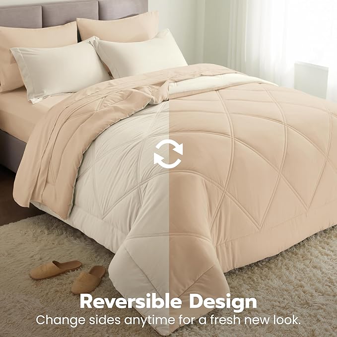 Joiedomi Full Size Comforter Set with Sheets Beige, 7 Pieces Full Size Bed Set with 1 Down Alternative Comforter, 1 Flat Sheet, 1 Fitted Sheet, 2 Pillowcases and 2 Pillow Shams, Bed in a Bag