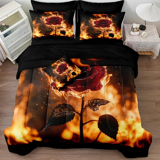 Black Red Comforter Set Fire Rose Romantic Bedding Set Red Rose Flower Floral Orange Flame Bedding Love Couple Comforter Black King Bed in A Bag
