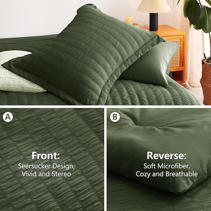 CozyLux Twin Comforter Set with Sheets 5 Pieces, Olive Green Seersucker Textured Bed in a Bag, Luxury Soft Bedding Set with Down Alternative Comforter, Sheets, Pillowcases & Shams for All Seasons