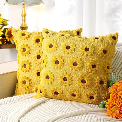 2 pcs Sunflower Throw Pillow Covers 18x18 Summer Flower Home Decor Farmhouse Decorative Pillow Covers Soft Plush Faux Fur Wool Pillowcase for Sofa Bed Living Room Housewarming Gifts