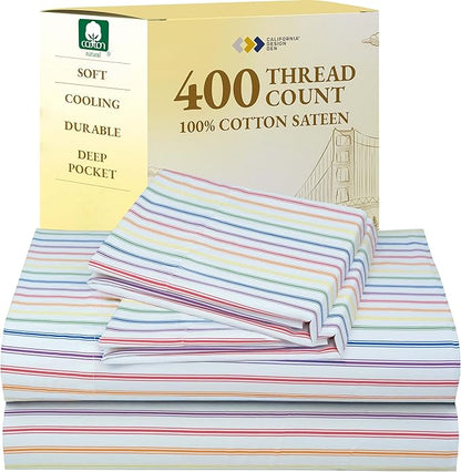 California Design Den Full Size Bed Sheets Set - 400 Thread Count Sateen, Natural 100% Cotton Sheets, Deep Pocket and Durable Bedding Set - Rainbow Striped
