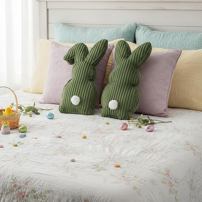 2 Pcs Easter Bunny Shaped Pillow Cute Decorative Rabbit Throw Pillow Bunny Stuffed Soft Corduroy Striped Textured Cushion Case for Spring Easter Party Couch Sofa Home Decor, Olive Green