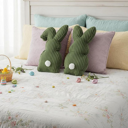 2 Pcs Easter Bunny Shaped Pillow Cute Decorative Rabbit Throw Pillow Bunny Stuffed Soft Corduroy Striped Textured Cushion Case for Spring Easter Party Couch Sofa Home Decor, Olive Green