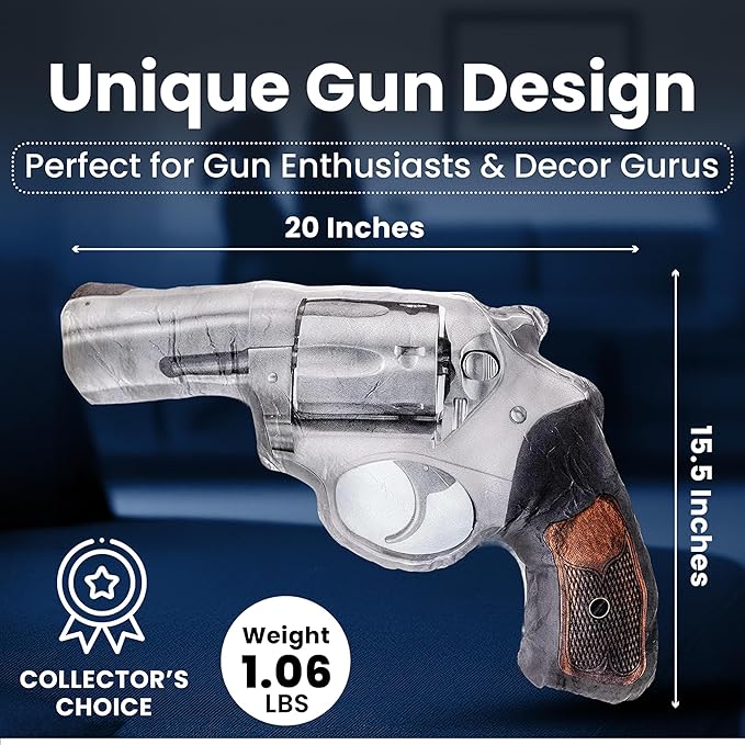 Caliber Gourmet Hug Soft Tactical Revolver Gun Cushion, Cotton, Plush Stuffed, Throw Pillow | Gun Lovers, Decorative, One Size, Plush Cushion Design | Ideal as a Decorative Pillow for Home