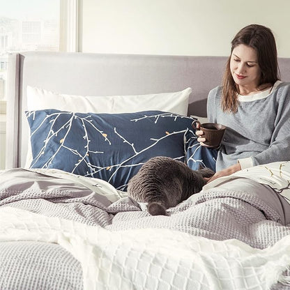 Bedsure Twin Comforter Set - 5 Pieces Floral Navy Blue Bed Set, Tree Branch Pattern Printed Bed in a Bag Twin with Comforter, Sheets, Pillowcase & Sham