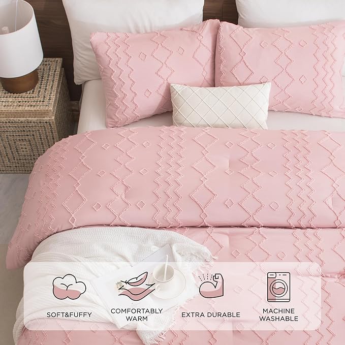 Andency Pink Tufted Comforter Set Full, 3 Pieces(1 Boho Comforter, 2 Pillowcases) Textured Farmhouse Comforter, Soft Microfiber Down Alternative Geometric Bedding Set (79x90Inch)