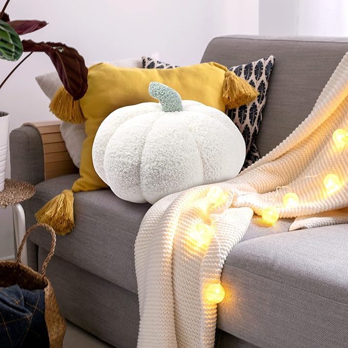 Queekay 2 Pcs Pumpkin Pillow Plush 11 x 9.5 Inch Thanksgiving Stuffed Pumpkin Decor for Fall Home Bedroom Throw Pillow Cushion Gifts for Holiday Operation Christmas Halloween Car Sofa(White)