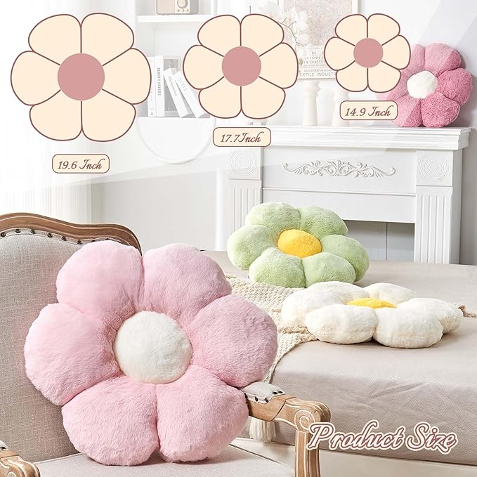 Beige Flower Pillow, Cute Decorative Flower Shaped Throw Pillow with Faux Rabbit Fur, 19.6" Soft Daisy Plush Floor Cushion Aesthetic Room Decor for Bed Sofa Couch