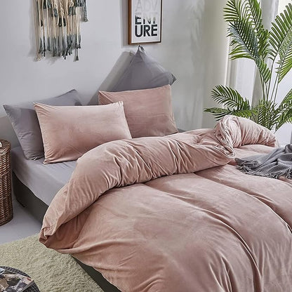 Luxlovery Pink Velvet Comforter Set King Dusty Pink Flannel Plush Bedding Comforter Winter Thick Warm Solid Haze Pink Quilts Blanket Soft Heavyweight Comforter Set for King Bed