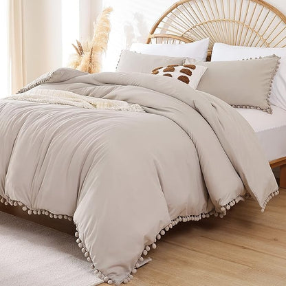 YIRDDEO Full Size Comforter Sets - Full Size Comforter with Ball Pom Fringe, Soft Bedding Set for All Seasons - 3 Pieces, 1 Comforter (79"x90") & 2 Pillow Shams(20"x26"), Oatmeal