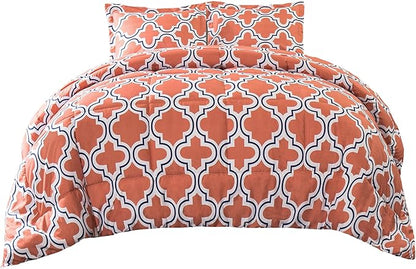 Superior Trellis Comforter Set with Pillow Shams, Luxurious & Soft Microfiber with Down Alternative Fill, Contemporary Geometric Trellis Design - Full/Queen Bedding Set, Coral