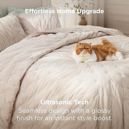 Bedsure Velvet Fleece Comforter Set Queen, Beige Lightweight Quilted Bedding Set, Soft Warm Blanket for All Season, 3 Pieces, 1 Comforter (90" x 90") and 2 Pillow Shams (20" x 26")