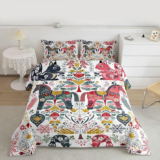 Scandinavian Horse Comforter Set Queen Size,Rustic Farmhouse Floral Bedding Sets 3Pcs for Kids Girls Boys Women Room Decor,Bird Squirrel Quilted Duvet Christmas Style Down Comforter,2 Pillowcases