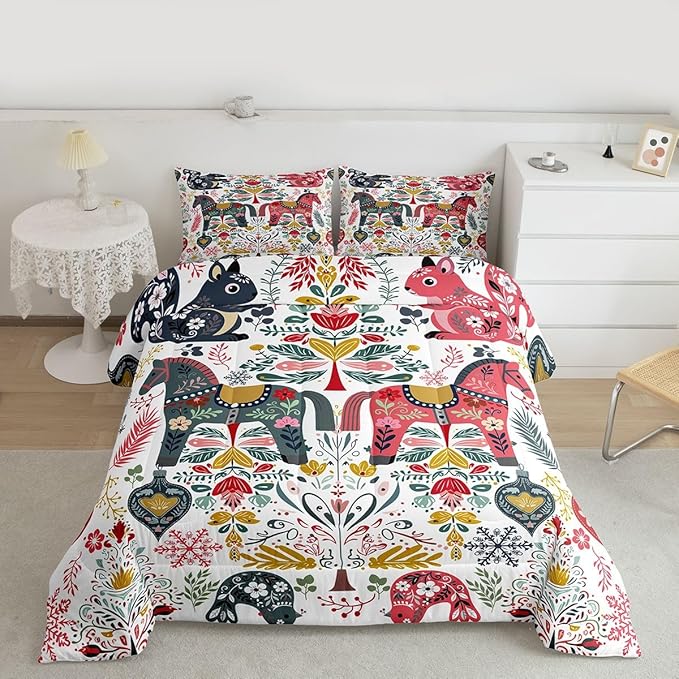 Scandinavian Horse Bedding Sets King Size,Rustic Farmhouse Floral Comforter Set 3Pcs for Kids Girls Boys Women Room Decor,Bird Squirrel Quilted Duvet Christmas Style Down Comforter,2 Pillowcases
