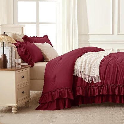 Andency Burgundy Ruffle Comforter Full Set, 3pcs Vintage Farmhouse Shabby Chic Bedding Comforter Set, Soft Lightweight Fluffy Bed Comforter Sets All Season Bedding Set