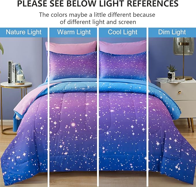 Drucon Girls Comforter Set Queen Size 7 Pieces Bed in A Bag Ombre Blue Purple Rainbow Bedding Set for Kids & Women (1 Comforter, 1 Flat Sheet, 1 Fitted Sheet, 2 Pillow Shams, 2 Pillowcases)