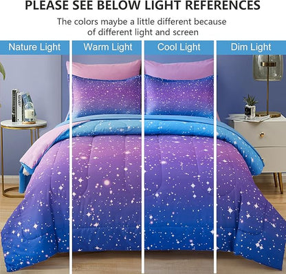 Drucon Girls Comforter Set Queen Size 7 Pieces Bed in A Bag Ombre Blue Purple Rainbow Bedding Set for Kids & Women (1 Comforter, 1 Flat Sheet, 1 Fitted Sheet, 2 Pillow Shams, 2 Pillowcases)