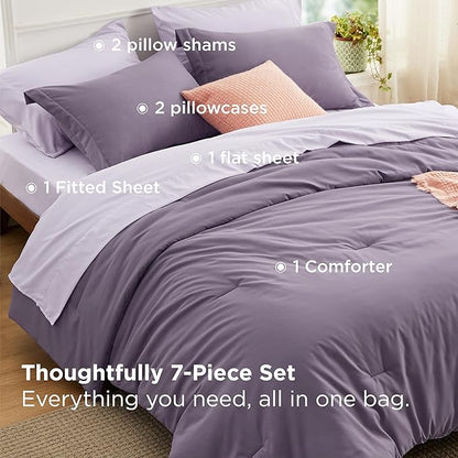 Bedsure Full Size Comforter Set - 7 Pieces Grayish Purple Full Bedding Set for All Seasons, Boho Contrasting Design Bed in a Bag with Comforter, Sheets, Pillowcases & Shams