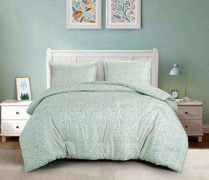 Chezmoi Collection Thistle 3-Piece Tranquil Floral Comforter Set King - Soft Green White Floral Printed Microfiber Lightweight Bedding Set for All Season