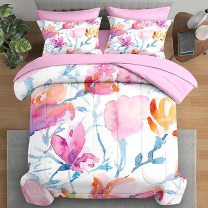 Comforter Set Full Size, Floral Spring Flower 7 Pcs Bedding for Kids and Adults, Vintage Tree Pink Bed Sheet Sets with Fitted Sheet 2 Pillowcases & 2 Shams for Bedroom Bed Decor