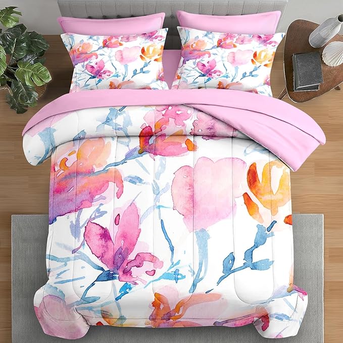 Comforter Set Queen Size, Floral Spring Flower 7 Pcs Bedding for Kids and Adults, Vintage Tree Pink Bed Sheet Sets with Fitted Sheet 2 Pillowcases & 2 Shams for Bedroom Bed Decor