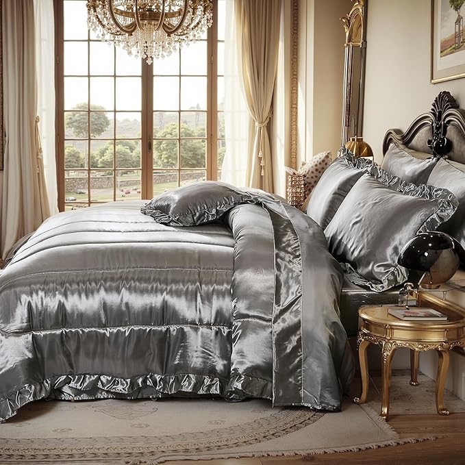 Grey Comforter Set with Satin Sheet Set Queen 8 Pieces Silk Like Satin Bedding Set Luxury Silky Ruffle Pattern Home Deocr Sexy Hotel Silky Bed Set with 1 Cushion Cover