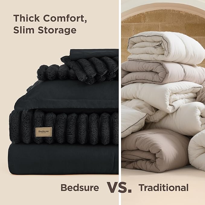 Bedsure Gentlesoft™ 2-in-1 King Size Comforter Set and Detachable Fluffy Blanket, Black Bedding Set for All Season Use, SnapTech™ Design for Space Saving (Includes 2 Pillow Shams, 2 Pillowcases)