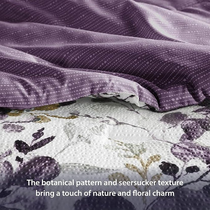 Lightweight Seersucker Botanical Queen Size Comforter Set, 3 Pieces Reversible Design Bed Comforter, Premium Microfiber Bedding Set, Comforter and Shams Set, Purple
