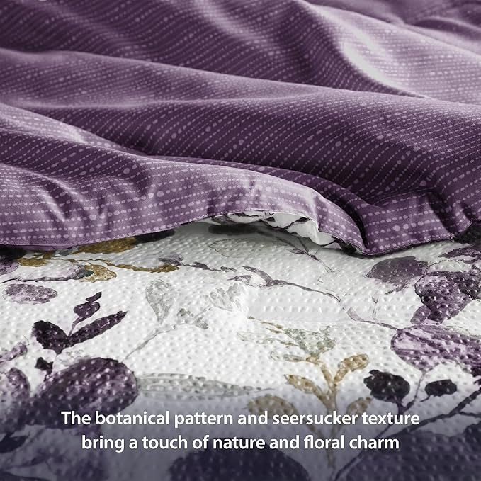 Lightweight Seersucker Botanical Twin Size Comforter Set, 2 Pieces Reversible Design Bed Comforter, Premium Microfiber Bedding Set, Comforter and Sham Set, Purple