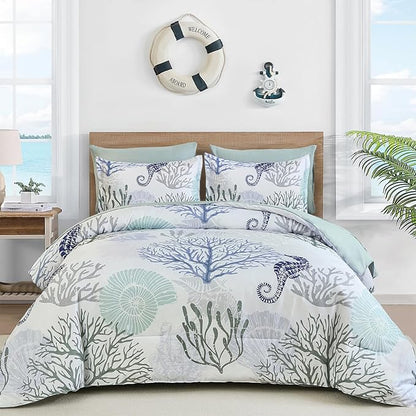 WONGS BEDDING Comforter Set Queen，Coastal Beach Theme Bedding Set, 7 Pieces Ocean Nautical Seaweed & Starfish Bed in a Bag for All Season(90"×90")