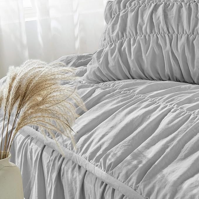 Bonlino King Size Comforter Set Bedding - Ruched Light Grey Comforter King Bed Set Boho Shabby Chic Comforter Fluffy 3 Piece Ruffle Comforter Set Pillow Girl Bedding Soft and Luxury