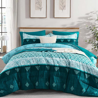 Xruibed Teal King Comforter Set 7 Pieces, Boho Striped Bed in a Bag King Size Soft Microfiber All Season Bedding Set with Comforter, Sheets, Pillowcases & Shams(104"×90")